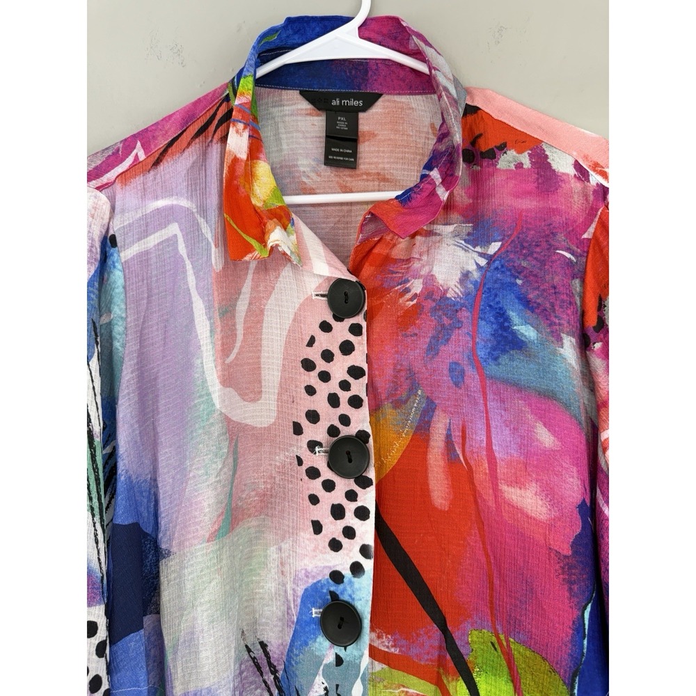 Ali Miles Top Blouse Shirt Women's PXL Bell Sleeve Wire Collar Colorful Abstract